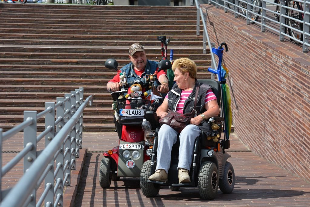 Accessibility is important to wheelchair users in front of a staircase